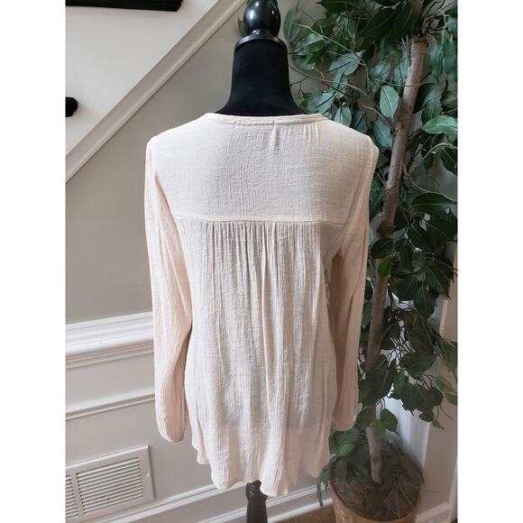 Jolt Top Blouse Women's XL Beige Floral Lace Overlay Rayon Long Sleeve V Neck - Picture 4 of 11